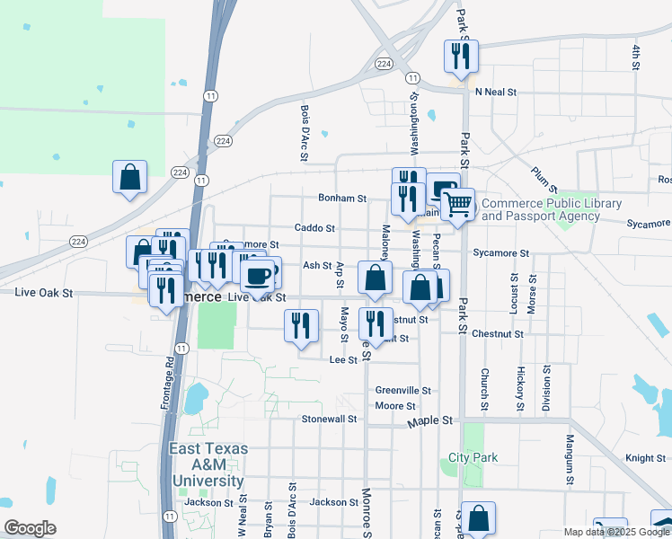 map of restaurants, bars, coffee shops, grocery stores, and more near 1511 Sycamore Street in Commerce
