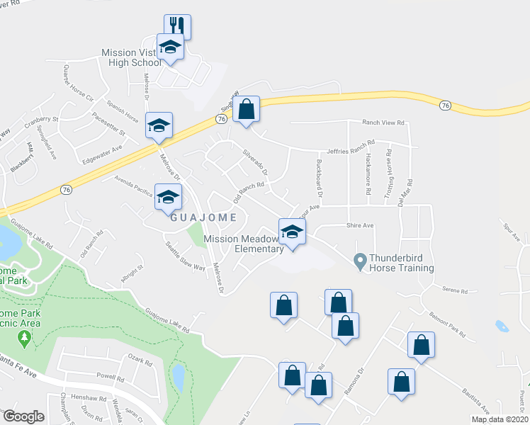 map of restaurants, bars, coffee shops, grocery stores, and more near 1571 Mission Meadows Drive in Oceanside