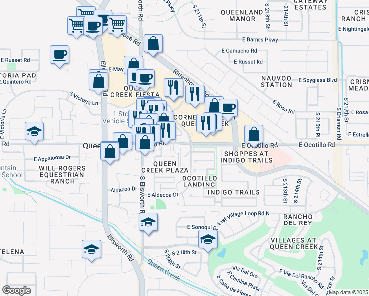 map of restaurants, bars, coffee shops, grocery stores, and more near 20934 East Ocotillo Road in Queen Creek