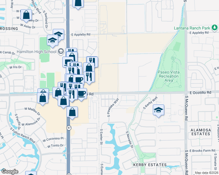 map of restaurants, bars, coffee shops, grocery stores, and more near 290 East Ocotillo Road in Chandler