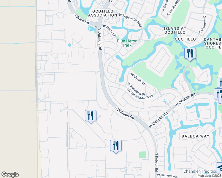 map of restaurants, bars, coffee shops, grocery stores, and more near 2384 West Olive Way in Chandler