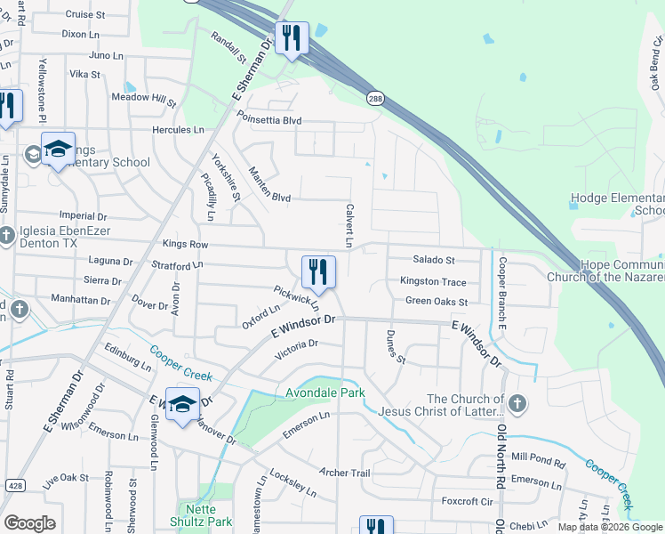 map of restaurants, bars, coffee shops, grocery stores, and more near 3600 Kings Row in Denton