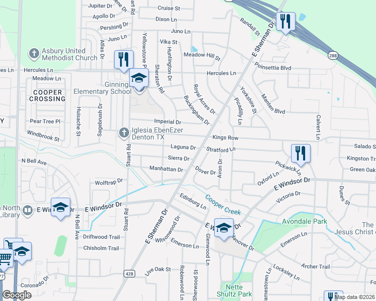 map of restaurants, bars, coffee shops, grocery stores, and more near 1109 Laguna Drive in Denton