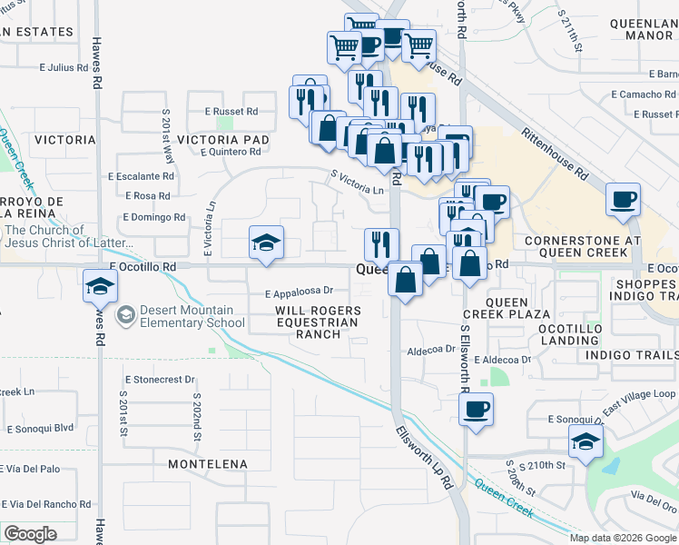 map of restaurants, bars, coffee shops, grocery stores, and more near 20515 East Ocotillo Road in Queen Creek