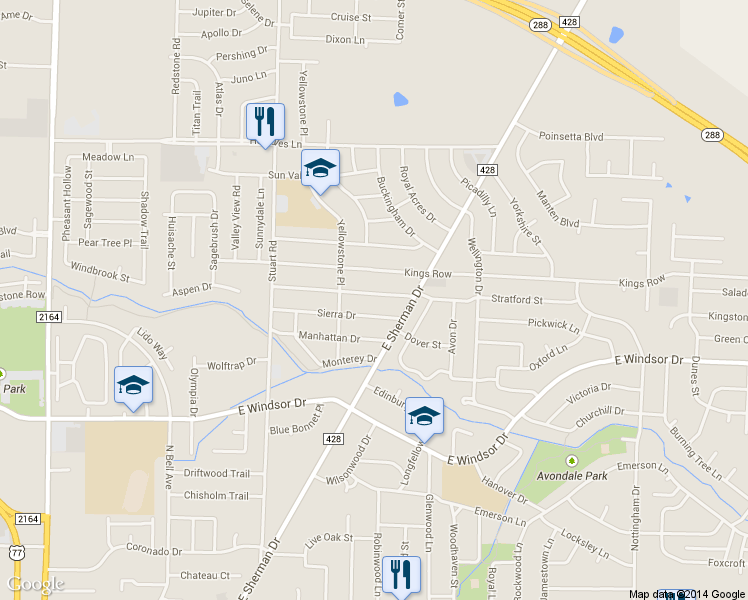 map of restaurants, bars, coffee shops, grocery stores, and more near 1100 Laguna Drive in Denton