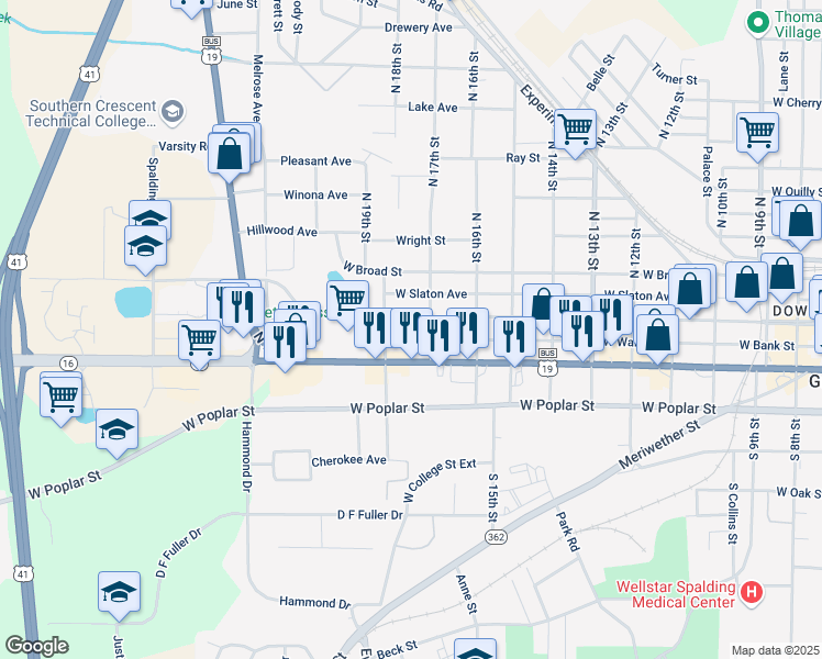 map of restaurants, bars, coffee shops, grocery stores, and more near 1111 West Solomon Street in Griffin