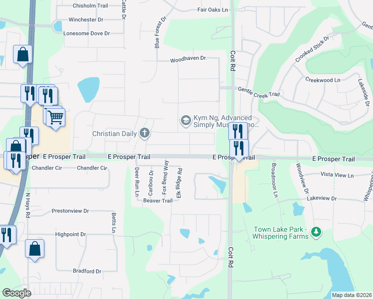 map of restaurants, bars, coffee shops, grocery stores, and more near 2151 Lassen Drive in Prosper