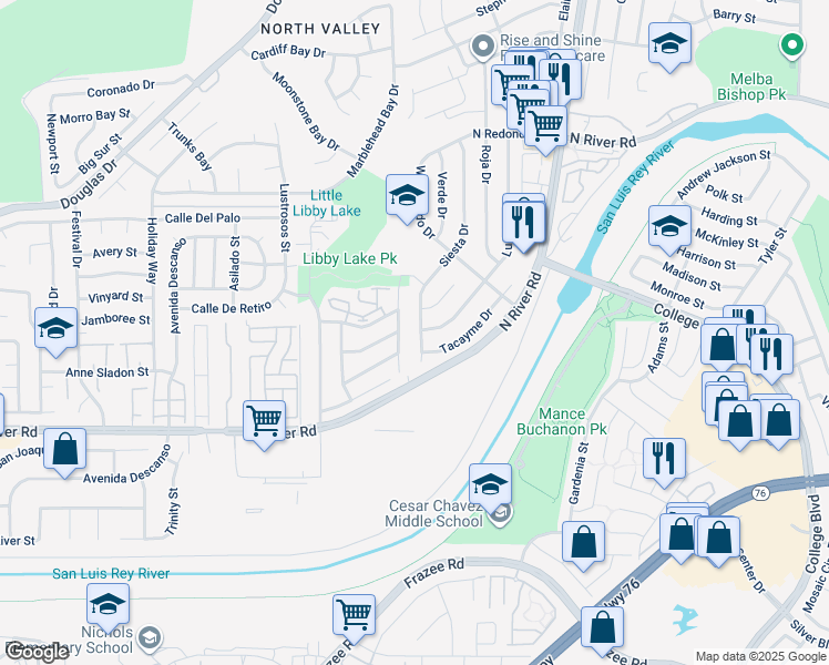 map of restaurants, bars, coffee shops, grocery stores, and more near 4816 Siesta Drive in Oceanside