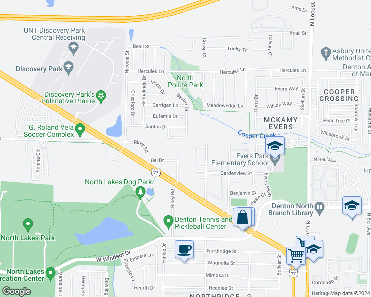 map of restaurants, bars, coffee shops, grocery stores, and more near 1417 Constantina Drive in Denton