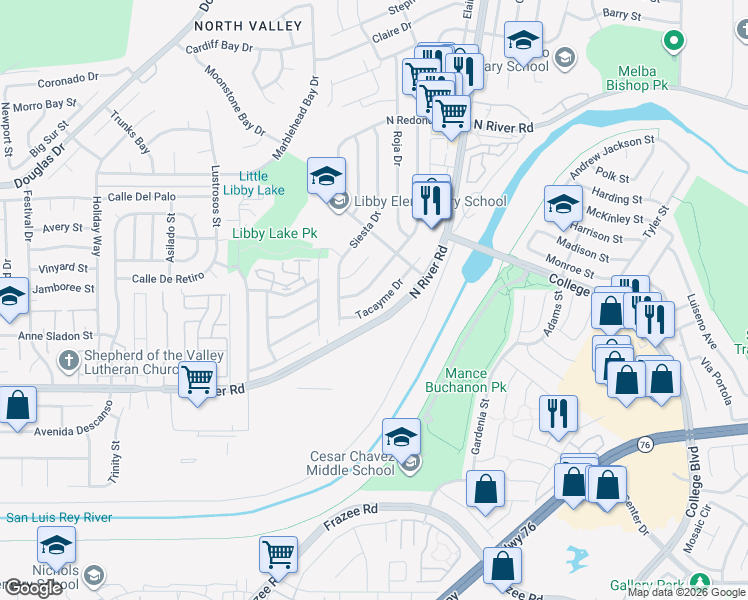 map of restaurants, bars, coffee shops, grocery stores, and more near 4832 Tacayme Drive in Oceanside