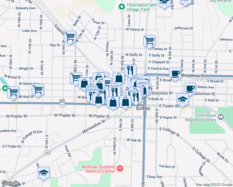 map of restaurants, bars, coffee shops, grocery stores, and more near 328 West Solomon Street in Griffin