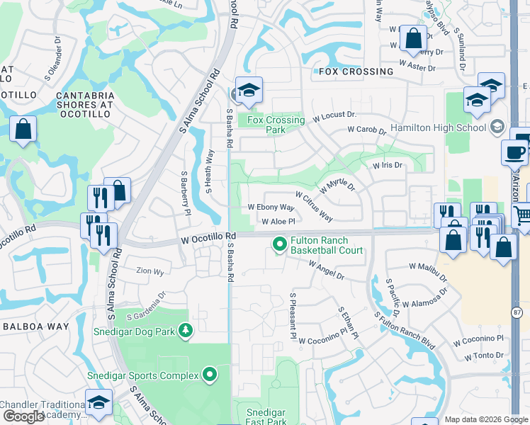 map of restaurants, bars, coffee shops, grocery stores, and more near 3930 South Emerson Street in Chandler