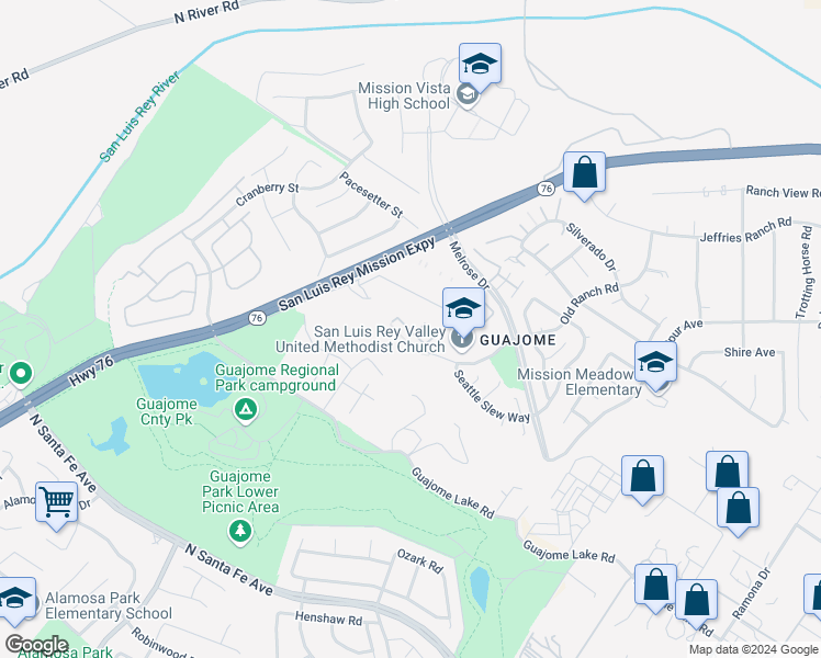map of restaurants, bars, coffee shops, grocery stores, and more near 5531 Old Ranch Road in Oceanside