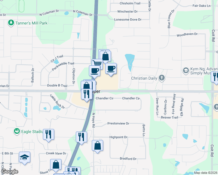 map of restaurants, bars, coffee shops, grocery stores, and more near 1170 North Preston Road in Prosper