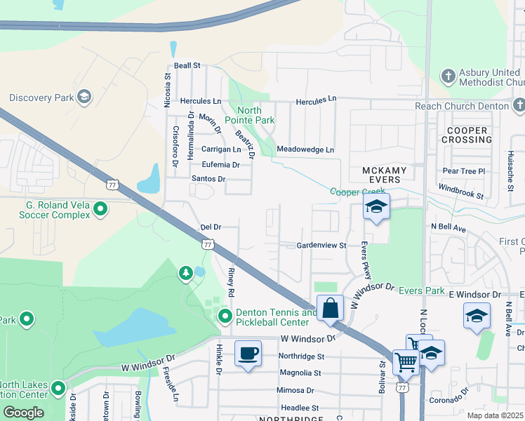 map of restaurants, bars, coffee shops, grocery stores, and more near 612 Gardenview Circle in Denton