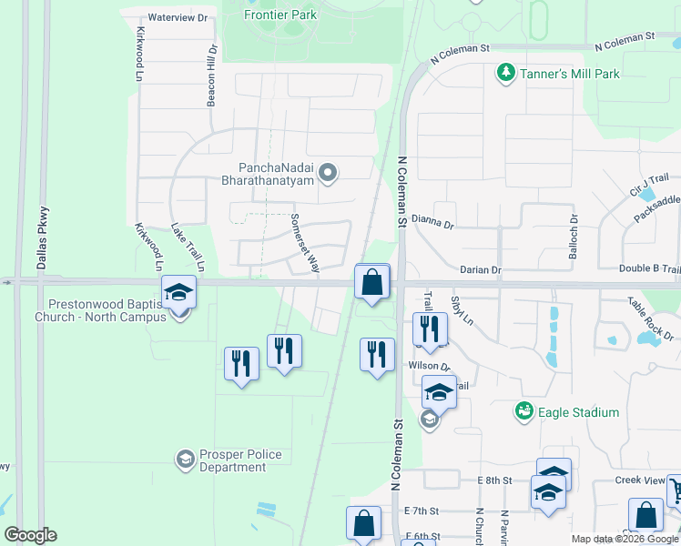 map of restaurants, bars, coffee shops, grocery stores, and more near 410 Oxford Place in Prosper