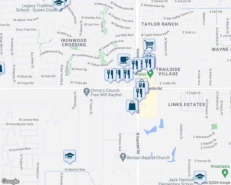 map of restaurants, bars, coffee shops, grocery stores, and more near 145 West Ocotillo Road in San Tan Valley