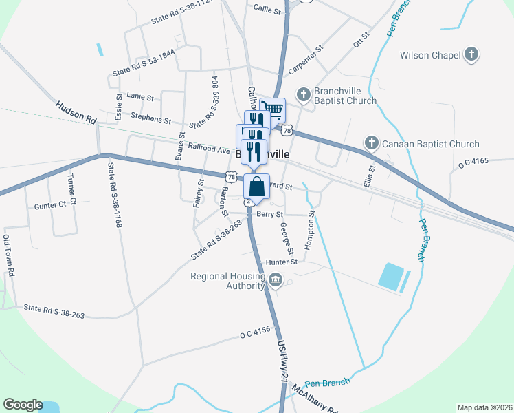 map of restaurants, bars, coffee shops, grocery stores, and more near 7635 Freedom Road in Branchville
