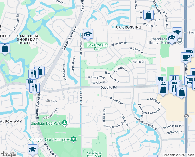 map of restaurants, bars, coffee shops, grocery stores, and more near 747 West Ebony Way in Chandler