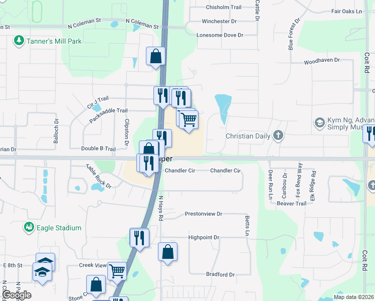 map of restaurants, bars, coffee shops, grocery stores, and more near 1170 North Preston Road in Prosper