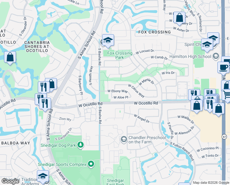 map of restaurants, bars, coffee shops, grocery stores, and more near 3930 South Emerson Street in Chandler