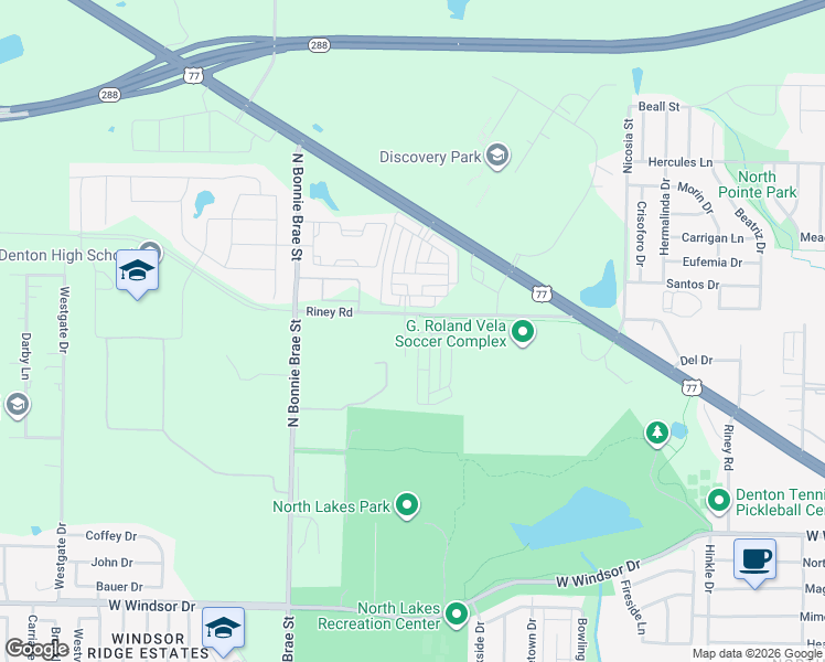 map of restaurants, bars, coffee shops, grocery stores, and more near 2119 Riney Road in Denton