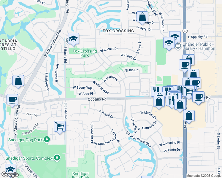 map of restaurants, bars, coffee shops, grocery stores, and more near 3922 South Cox Court in Chandler