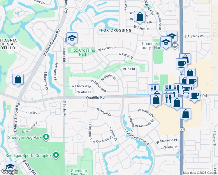 map of restaurants, bars, coffee shops, grocery stores, and more near 3922 South Cox Court in Chandler