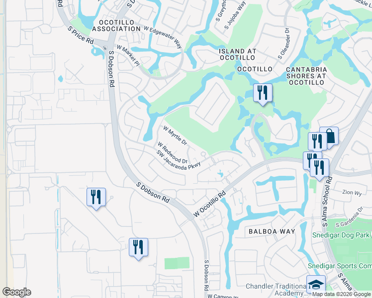 map of restaurants, bars, coffee shops, grocery stores, and more near 3760 South Arcadia Way in Chandler