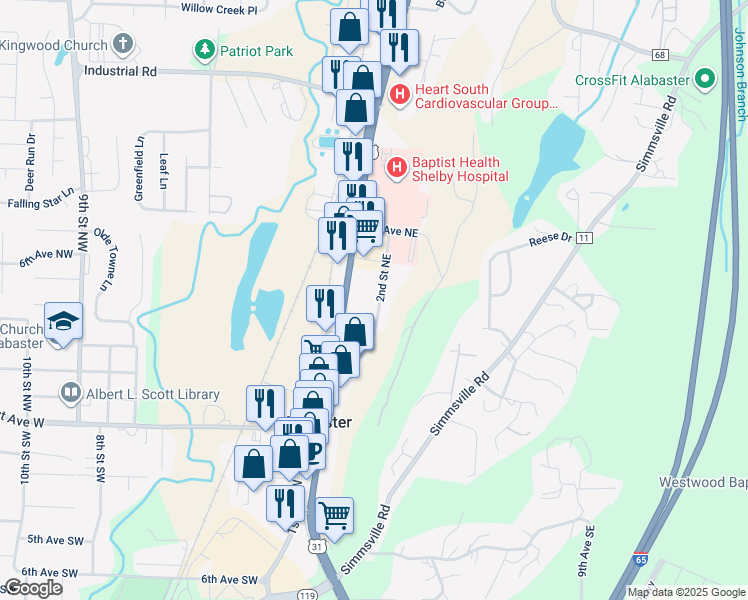 map of restaurants, bars, coffee shops, grocery stores, and more near 527 2nd Street Northeast in Alabaster