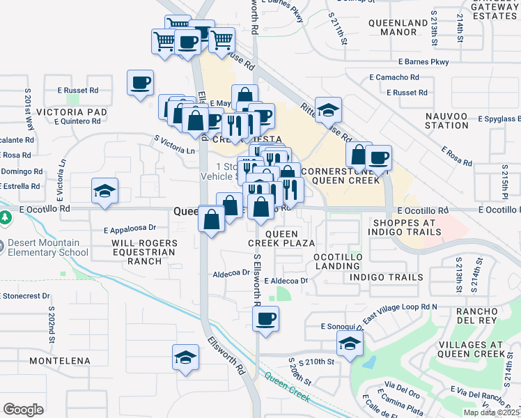 map of restaurants, bars, coffee shops, grocery stores, and more near 21999 South Ellsworth Road in Queen Creek