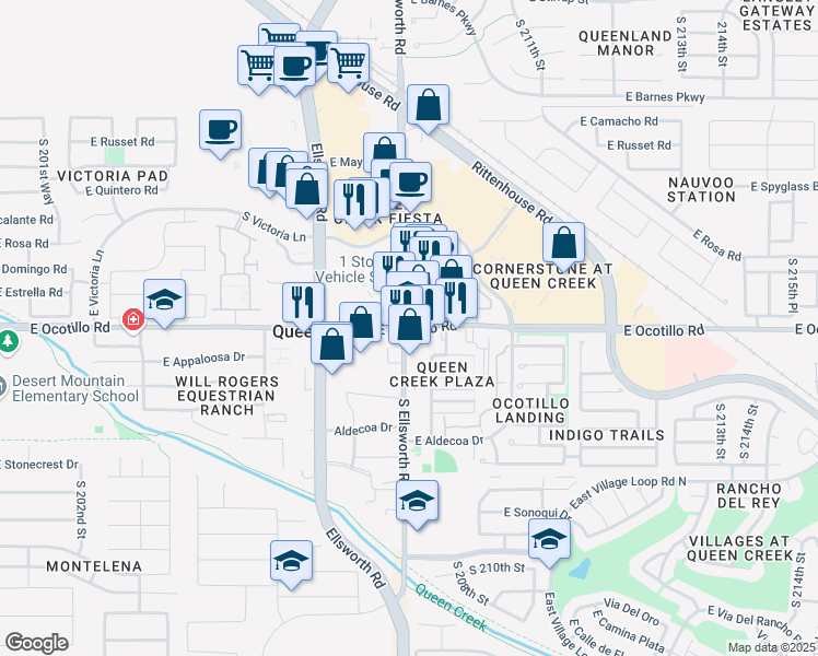map of restaurants, bars, coffee shops, grocery stores, and more near 21891 South Ellsworth Road in Queen Creek