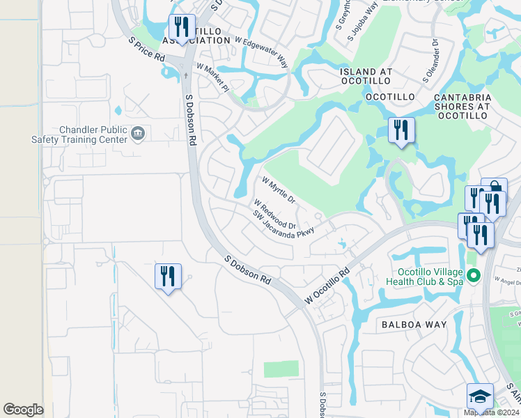map of restaurants, bars, coffee shops, grocery stores, and more near 2261 West Redwood Drive in Chandler