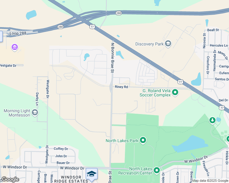 map of restaurants, bars, coffee shops, grocery stores, and more near 3310 North Bonnie Brae Street in Denton