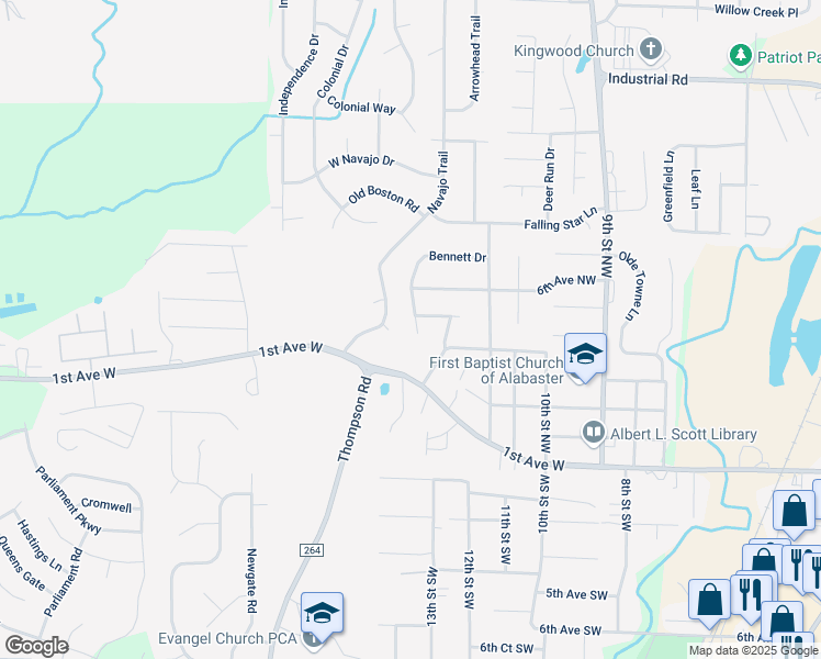 map of restaurants, bars, coffee shops, grocery stores, and more near 507 Bennett Drive in Alabaster