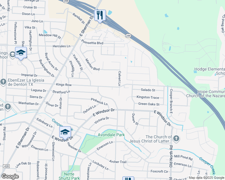 map of restaurants, bars, coffee shops, grocery stores, and more near 2210 Kings Row in Denton