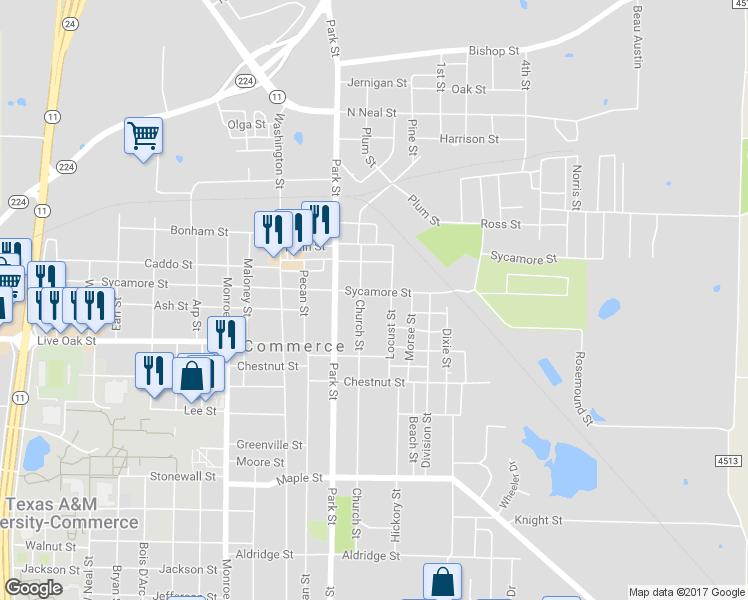 map of restaurants, bars, coffee shops, grocery stores, and more near 909 Sycamore Street in Commerce