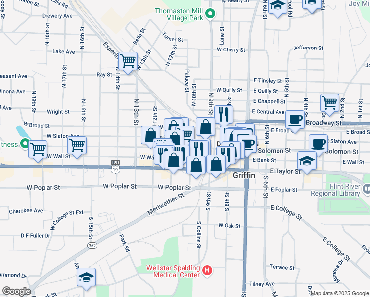 map of restaurants, bars, coffee shops, grocery stores, and more near 433 West Solomon Street in Griffin