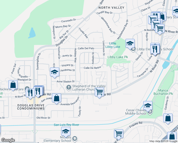 map of restaurants, bars, coffee shops, grocery stores, and more near 341 Riverview Way in Oceanside