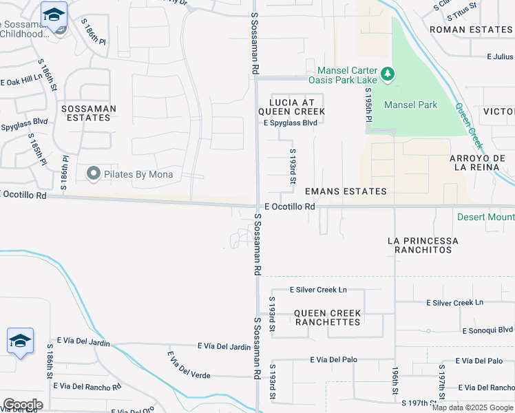 map of restaurants, bars, coffee shops, grocery stores, and more near S Sossaman Rd & E Ocotillo Rd in Queen Creek