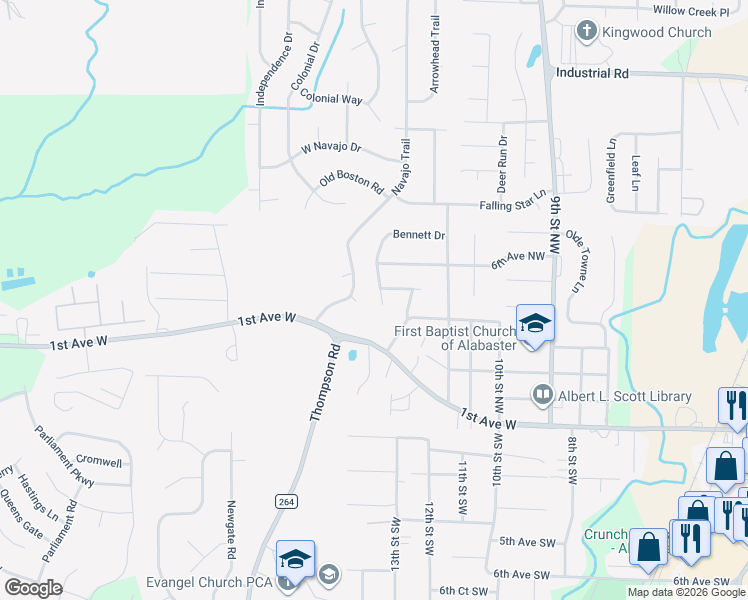 map of restaurants, bars, coffee shops, grocery stores, and more near 1219 Bennett Circle in Alabaster