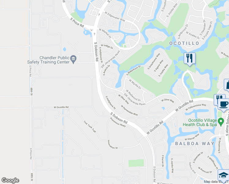 map of restaurants, bars, coffee shops, grocery stores, and more near 2354 West Olive Way in Chandler