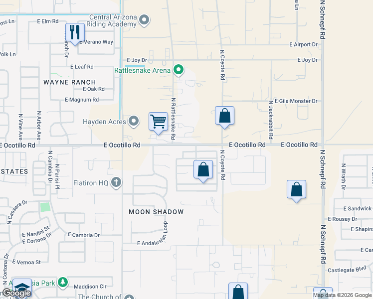 map of restaurants, bars, coffee shops, grocery stores, and more near 2348 East Meadow Lark Way in Queen Creek