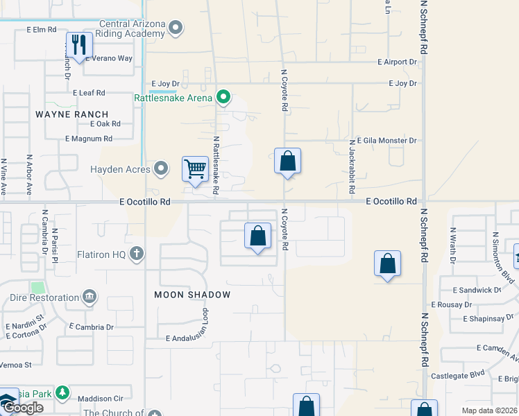 map of restaurants, bars, coffee shops, grocery stores, and more near 2517 East Ocotillo Road in San Tan Valley