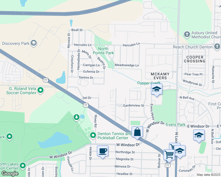 map of restaurants, bars, coffee shops, grocery stores, and more near 612 Gardenview Cir in Denton