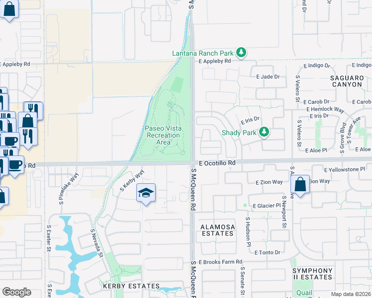map of restaurants, bars, coffee shops, grocery stores, and more near 19844-19868 South McQueen Road in Chandler
