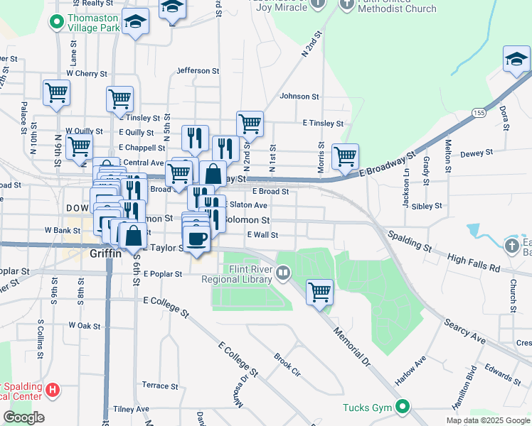 map of restaurants, bars, coffee shops, grocery stores, and more near 604 East Slaton Avenue in Griffin