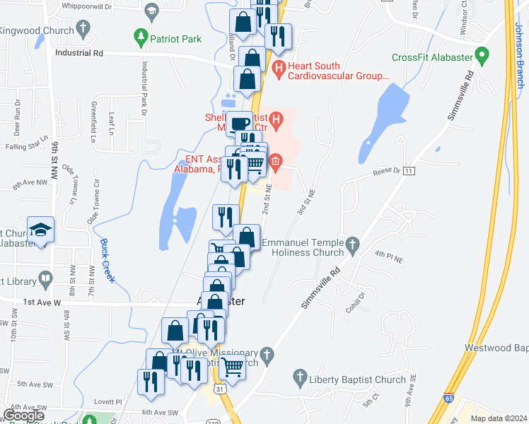 map of restaurants, bars, coffee shops, grocery stores, and more near 527 2nd Street Northeast in Alabaster