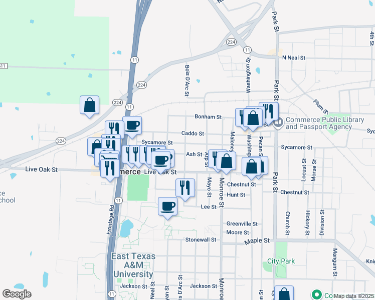 map of restaurants, bars, coffee shops, grocery stores, and more near 1402 Bois D'Arc Street in Commerce
