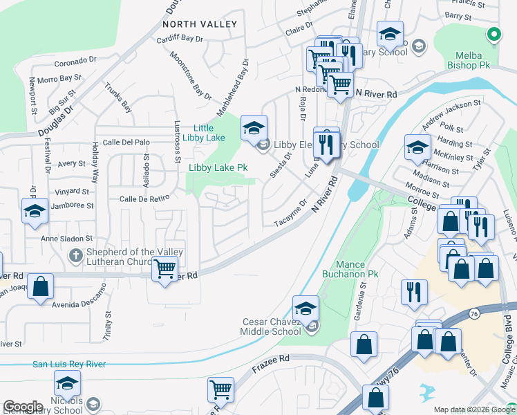 map of restaurants, bars, coffee shops, grocery stores, and more near 4820 Siesta Drive in Oceanside
